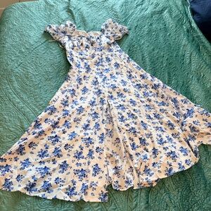 Floral Blue and White Dress with Slit